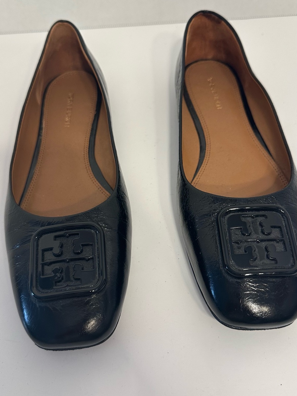 Tory Burch Black Leather Square-Toe Logo Flats